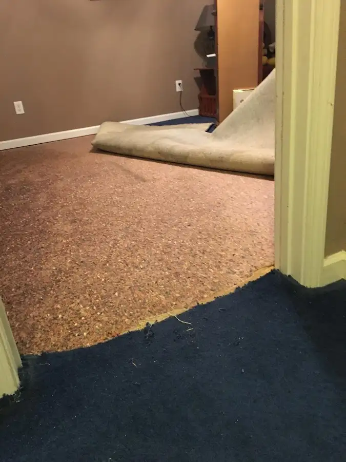 Carpet pad removal revealing water damage during Water Mitigation Services in Johnstown